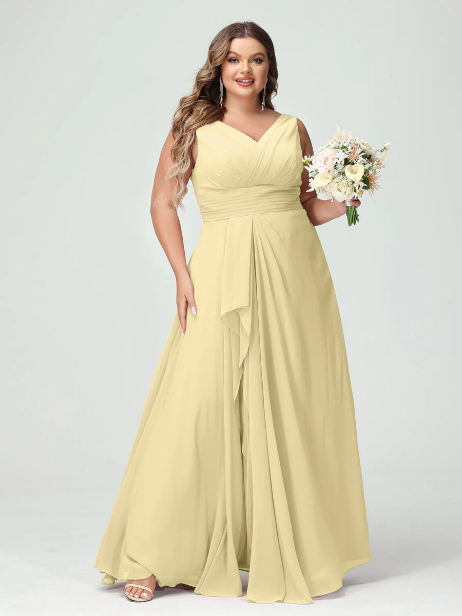 A-Line/Princess V-Neck Sleeveless Chiffon Ruffles Plus Size Bridesmaid Dresses with Pockets & Ruffles - Image 69