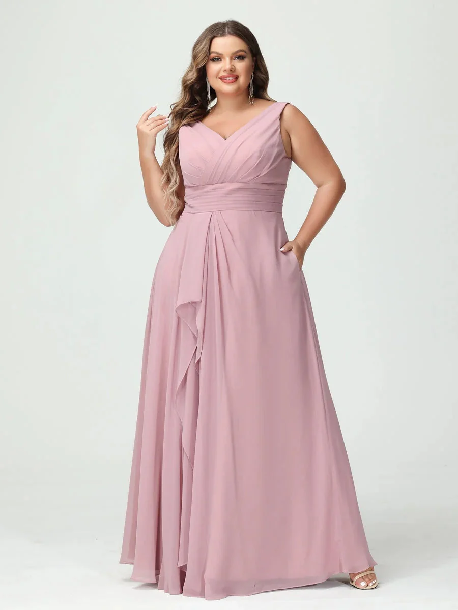 A-Line/Princess V-Neck Sleeveless Chiffon Ruffles Plus Size Bridesmaid Dresses with Pockets & Ruffles - Image 7