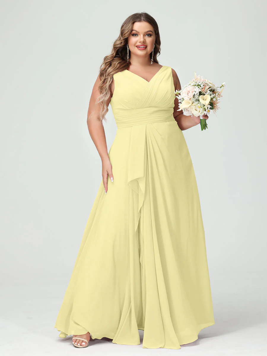 A-Line/Princess V-Neck Sleeveless Chiffon Ruffles Plus Size Bridesmaid Dresses with Pockets & Ruffles - Image 70