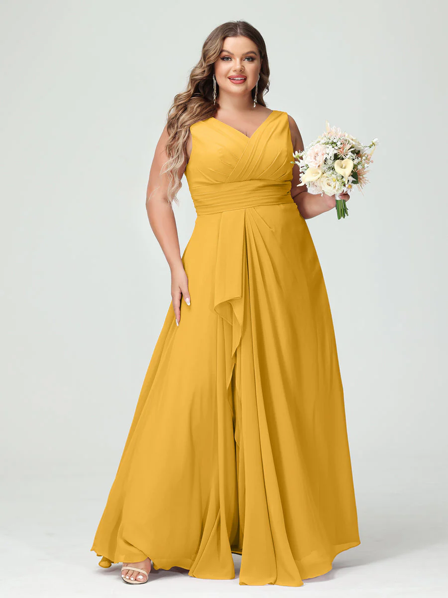 A-Line/Princess V-Neck Sleeveless Chiffon Ruffles Plus Size Bridesmaid Dresses with Pockets & Ruffles - Image 71
