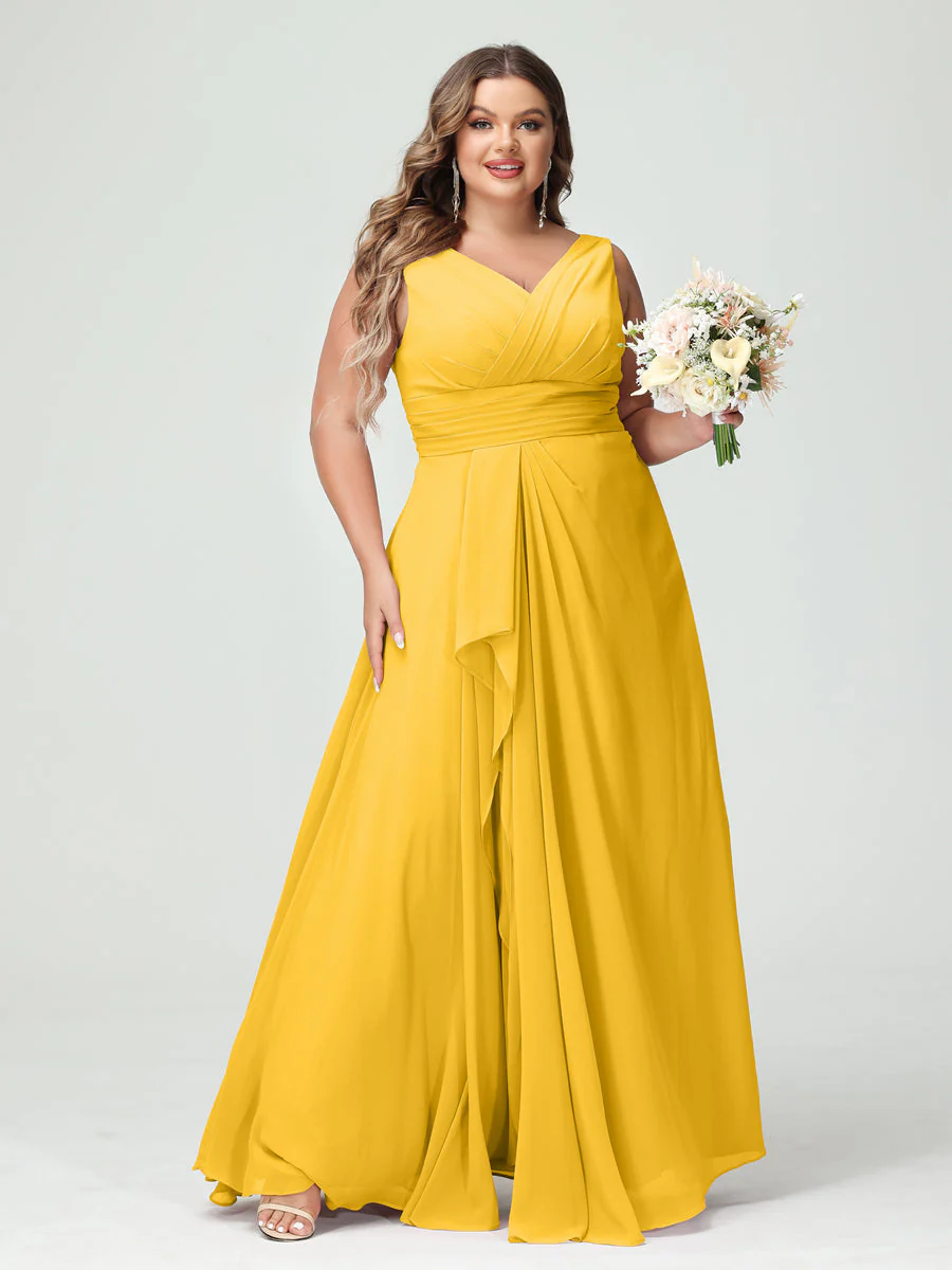 A-Line/Princess V-Neck Sleeveless Chiffon Ruffles Plus Size Bridesmaid Dresses with Pockets & Ruffles - Image 72