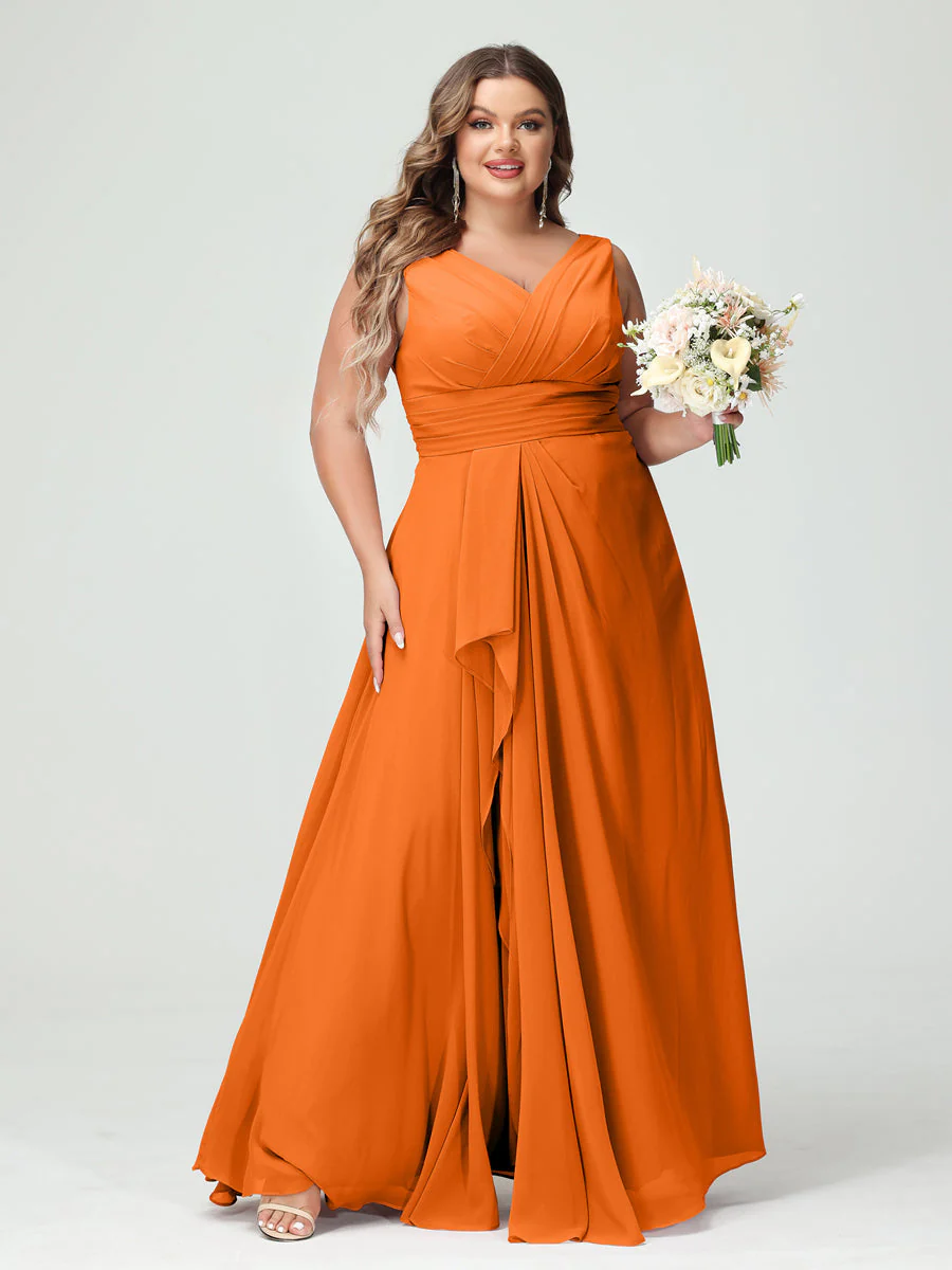 A-Line/Princess V-Neck Sleeveless Chiffon Ruffles Plus Size Bridesmaid Dresses with Pockets & Ruffles - Image 73