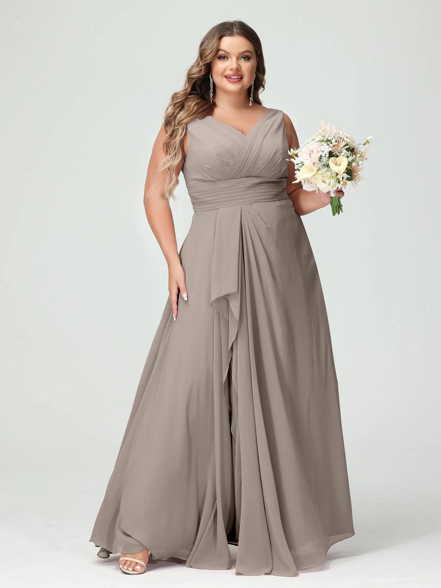 A-Line/Princess V-Neck Sleeveless Chiffon Ruffles Plus Size Bridesmaid Dresses with Pockets & Ruffles - Image 74