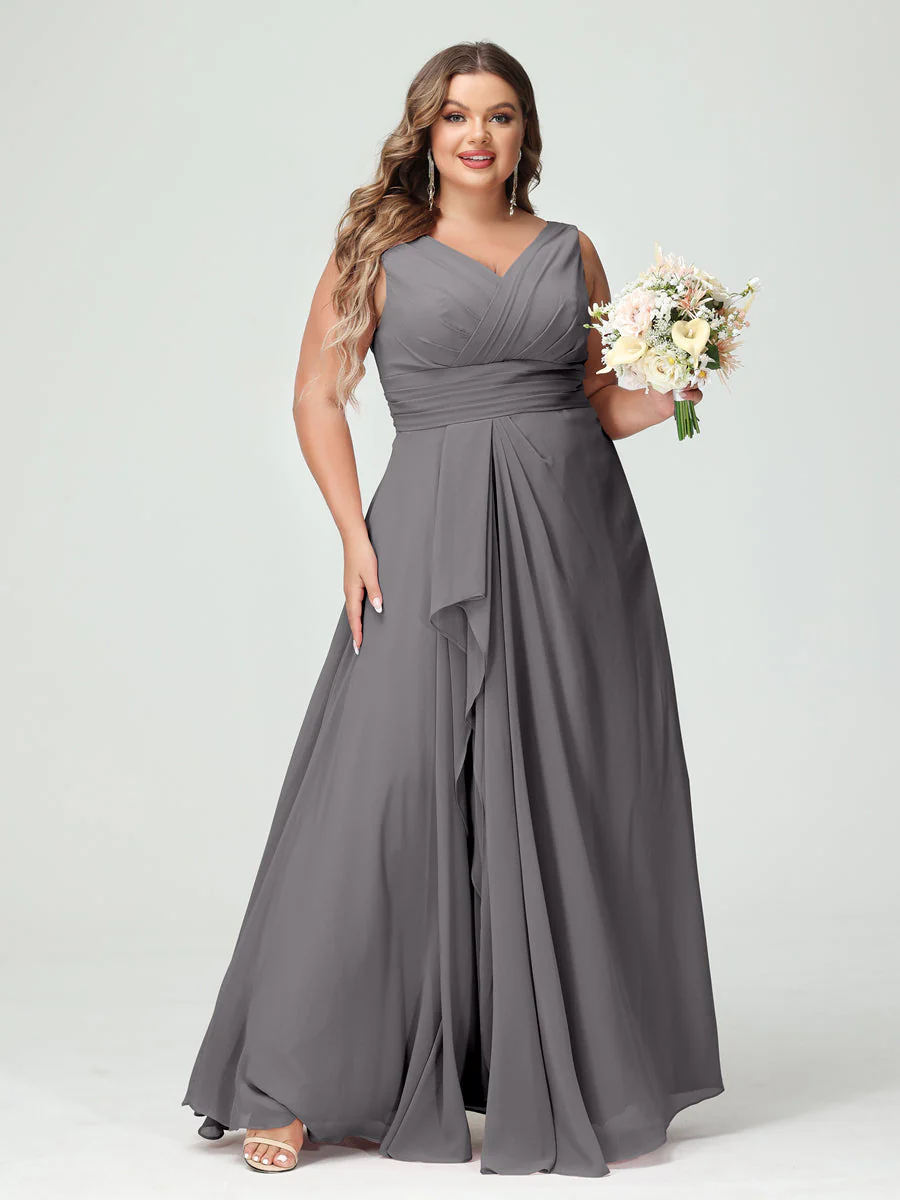 A-Line/Princess V-Neck Sleeveless Chiffon Ruffles Plus Size Bridesmaid Dresses with Pockets & Ruffles - Image 75