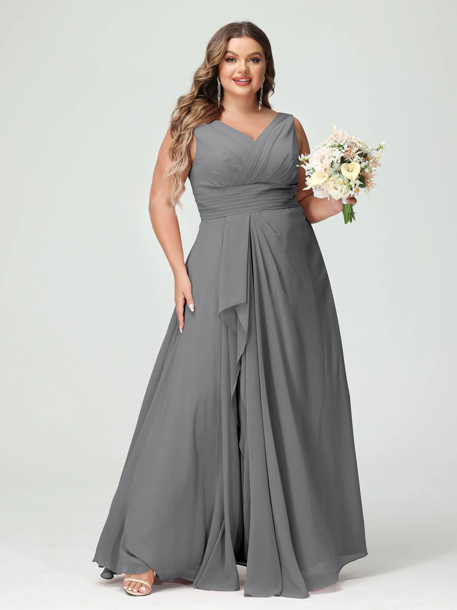 A-Line/Princess V-Neck Sleeveless Chiffon Ruffles Plus Size Bridesmaid Dresses with Pockets & Ruffles - Image 76