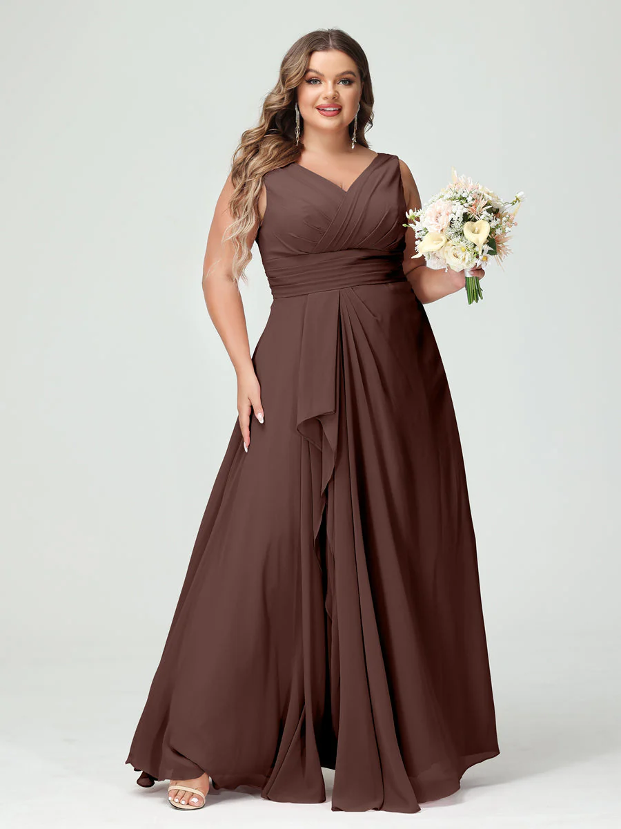 A-Line/Princess V-Neck Sleeveless Chiffon Ruffles Plus Size Bridesmaid Dresses with Pockets & Ruffles - Image 77
