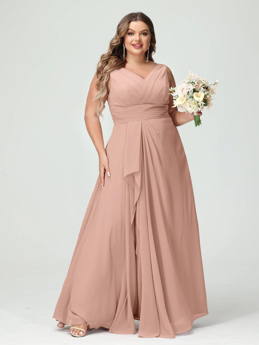 A-Line/Princess V-Neck Sleeveless Chiffon Ruffles Plus Size Bridesmaid Dresses with Pockets & Ruffles - Image 8