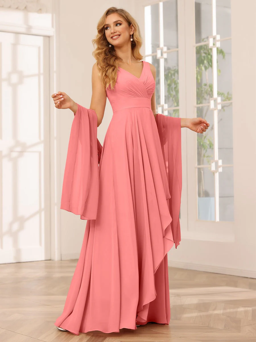 A-Line/Princess V-Neck Sleeveless Floor-Length Asymmetrical Bridesmaid Dresses with Ruffles - Image 32