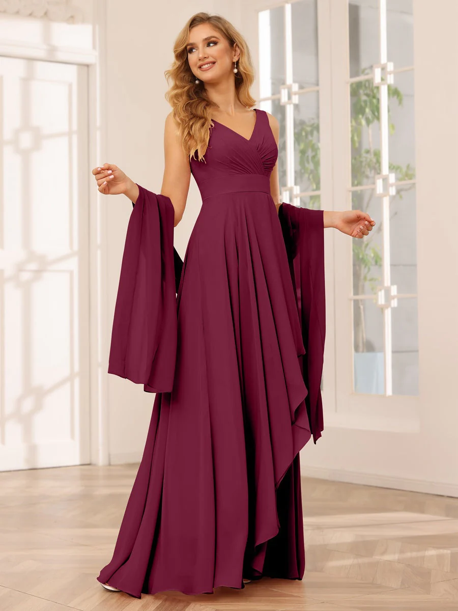 A-Line/Princess V-Neck Sleeveless Floor-Length Asymmetrical Bridesmaid Dresses with Ruffles - Image 38