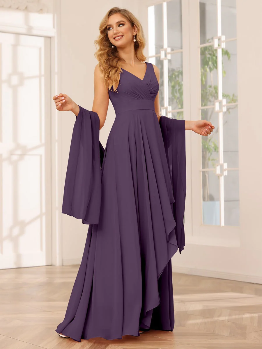A-Line/Princess V-Neck Sleeveless Floor-Length Asymmetrical Bridesmaid Dresses with Ruffles - Image 46