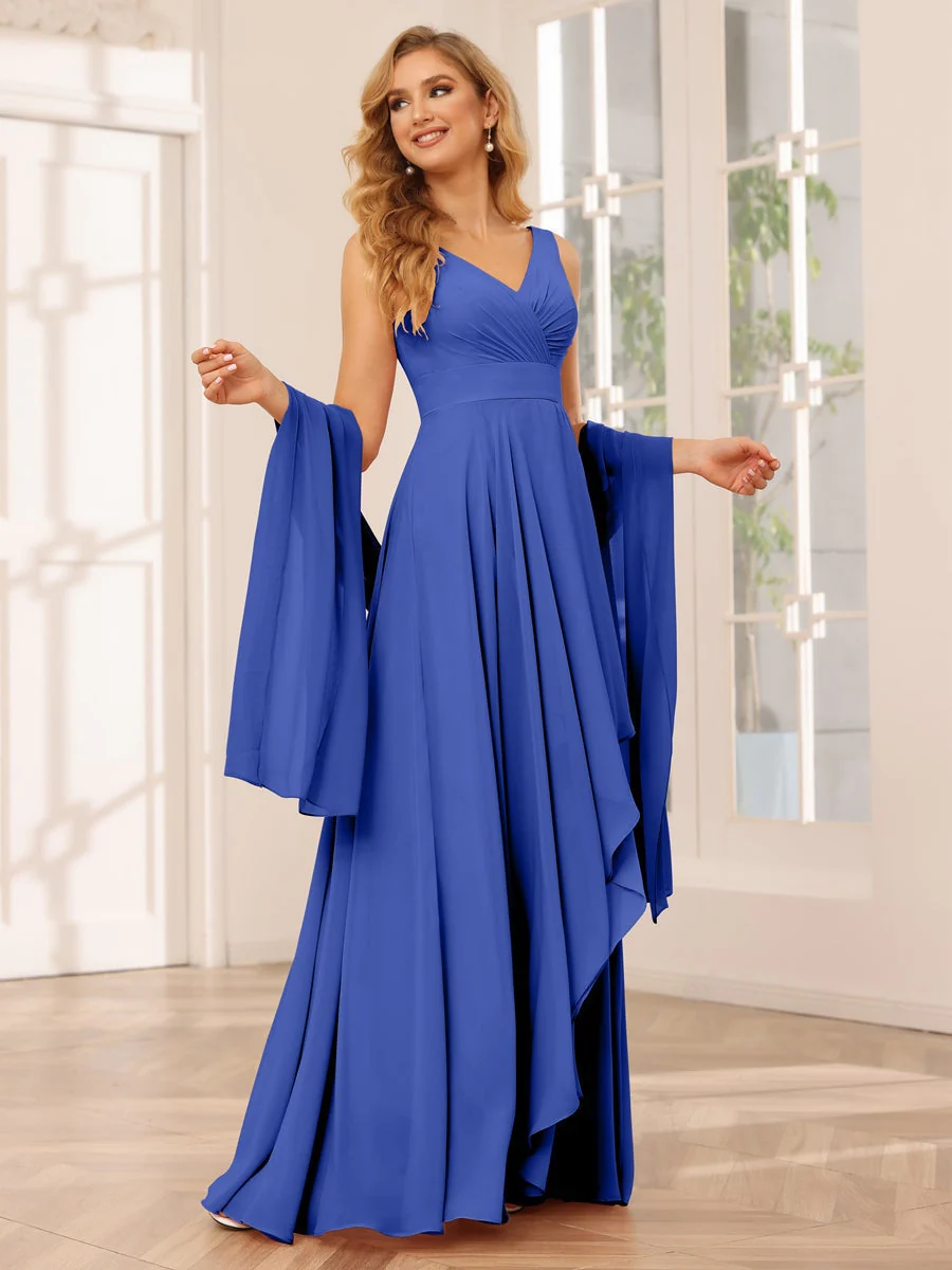 A-Line/Princess V-Neck Sleeveless Floor-Length Asymmetrical Bridesmaid Dresses with Ruffles - Image 54