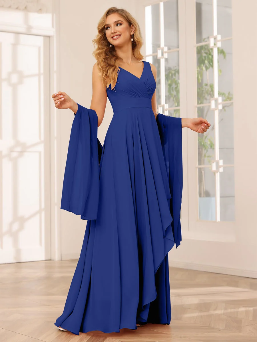 A-Line/Princess V-Neck Sleeveless Floor-Length Asymmetrical Bridesmaid Dresses with Ruffles - Image 56