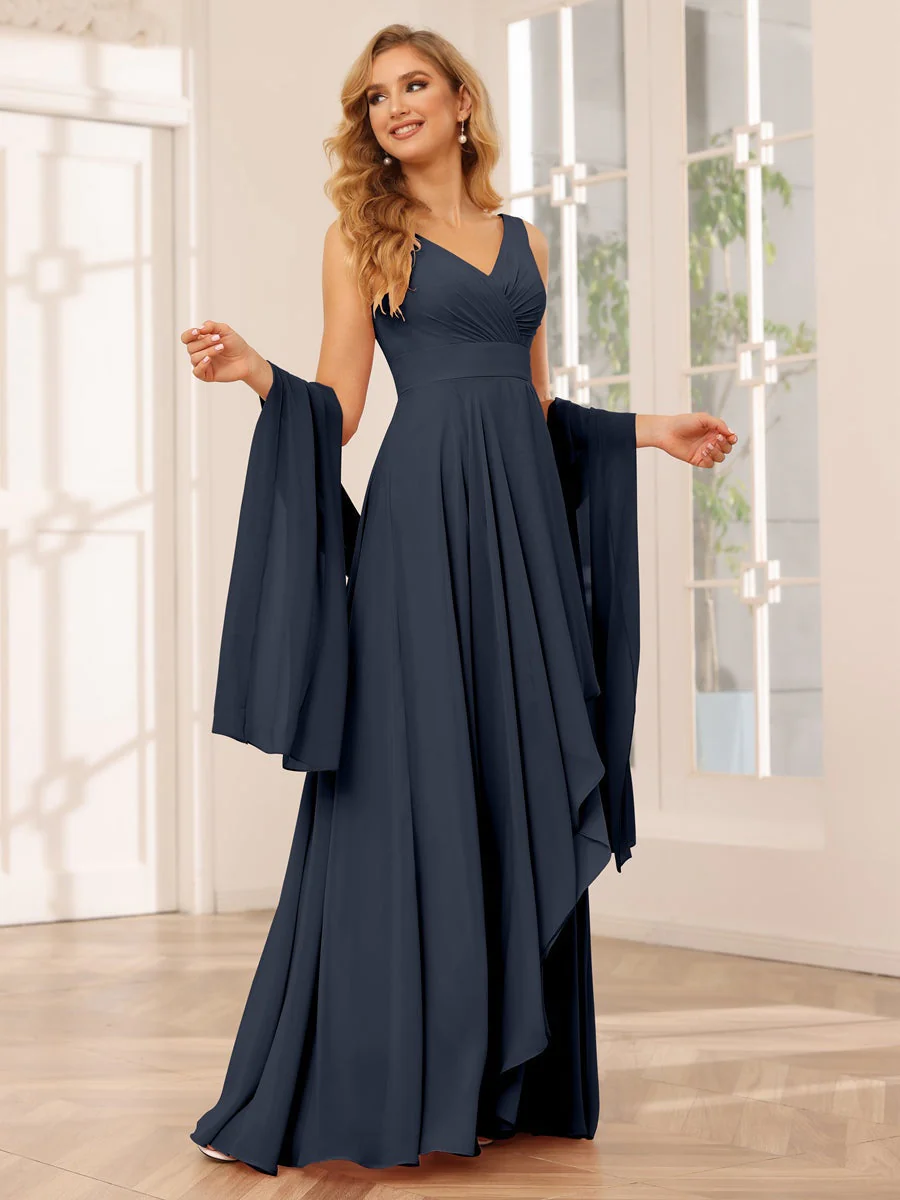 A-Line/Princess V-Neck Sleeveless Floor-Length Asymmetrical Bridesmaid Dresses with Ruffles - Image 59