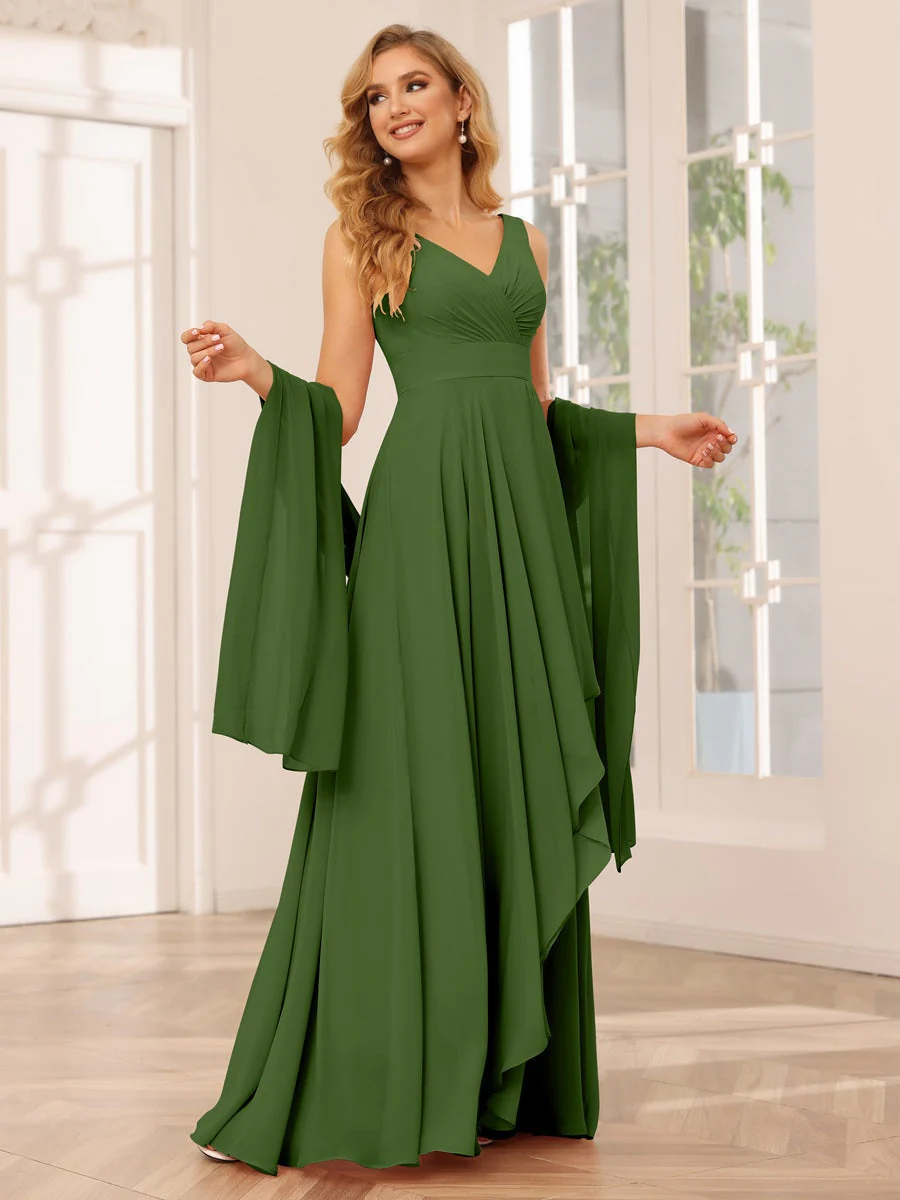 A-Line/Princess V-Neck Sleeveless Floor-Length Asymmetrical Bridesmaid Dresses with Ruffles - Image 65