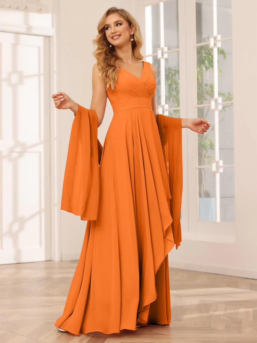 A-Line/Princess V-Neck Sleeveless Floor-Length Asymmetrical Bridesmaid Dresses with Ruffles - Image 72