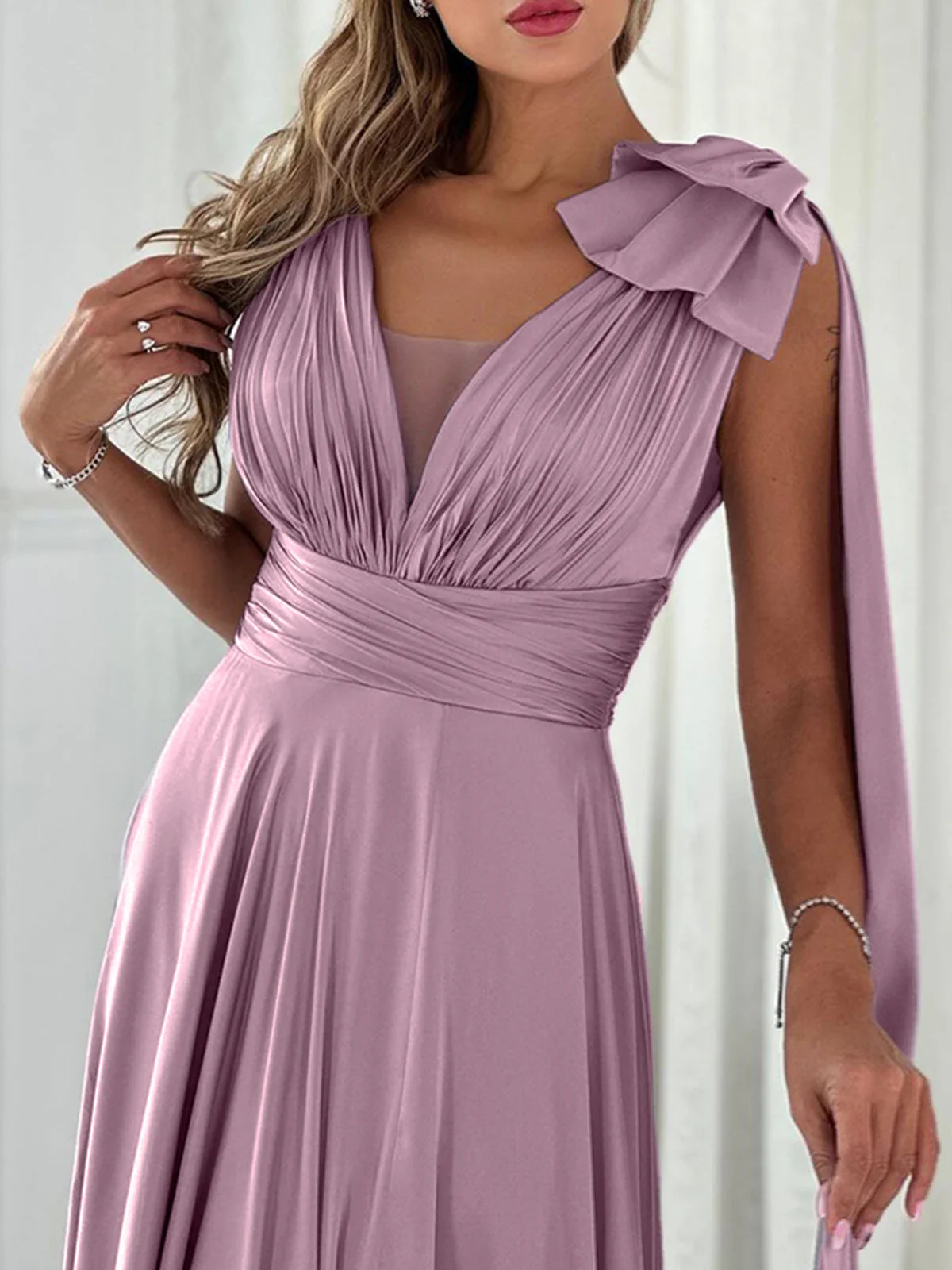 A-Line/Princess V-neck Sleeveless Floor-Length Bow(s) Split Front Wedding Guest Dresses - Image 2