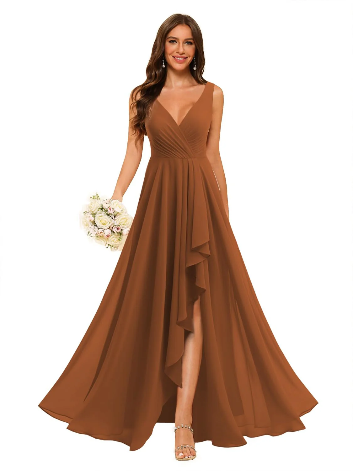 A-Line/Princess  V Neck Sleeveless Floor Length  Bridesmaid Dresses Chiffon with Slit Pockets - Image 17