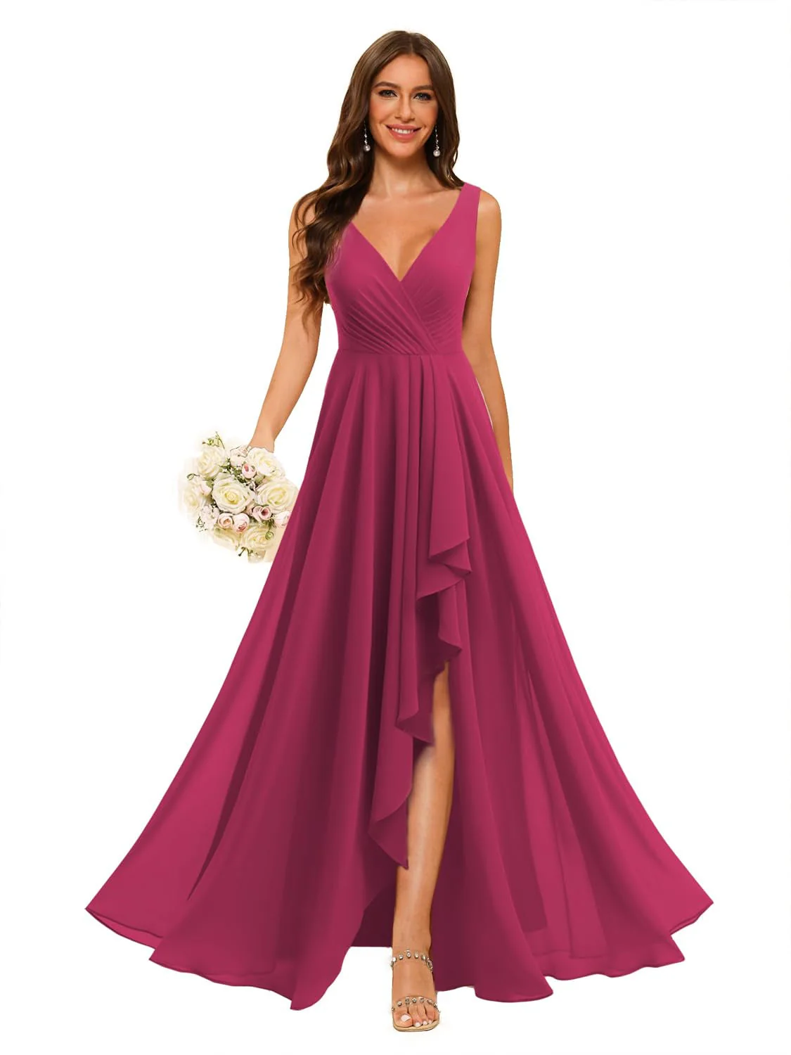 A-Line/Princess  V Neck Sleeveless Floor Length  Bridesmaid Dresses Chiffon with Slit Pockets - Image 19