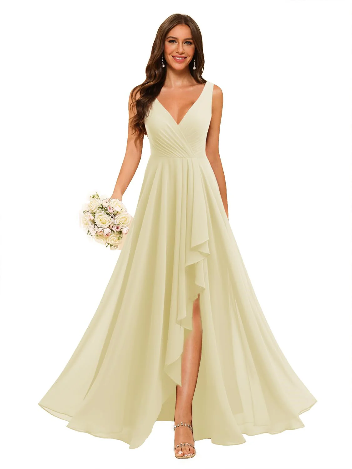 A-Line/Princess  V Neck Sleeveless Floor Length  Bridesmaid Dresses Chiffon with Slit Pockets - Image 20
