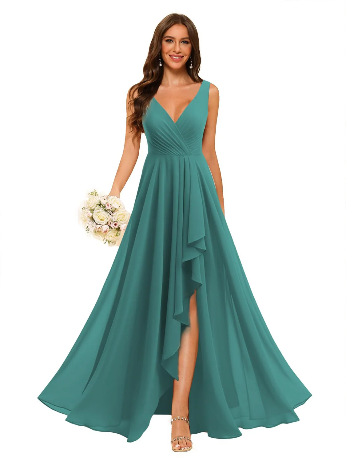 A-Line/Princess  V Neck Sleeveless Floor Length  Bridesmaid Dresses Chiffon with Slit Pockets - Image 32