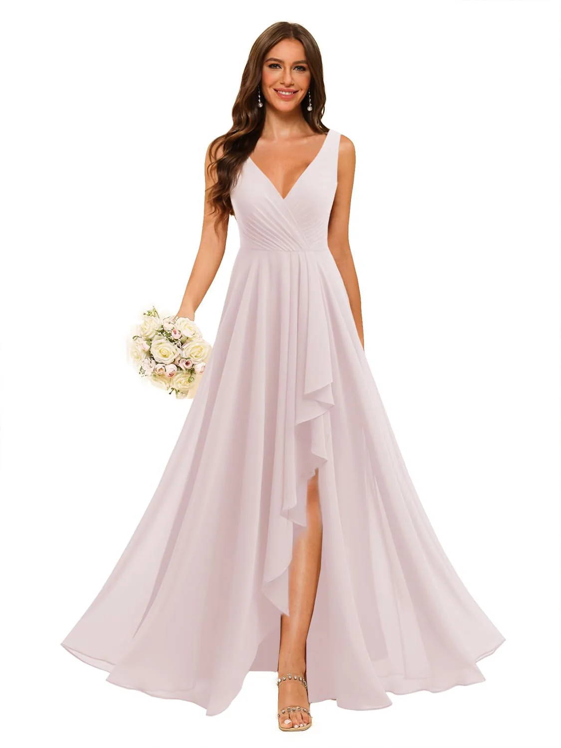 A-Line/Princess  V Neck Sleeveless Floor Length  Bridesmaid Dresses Chiffon with Slit Pockets - Image 38