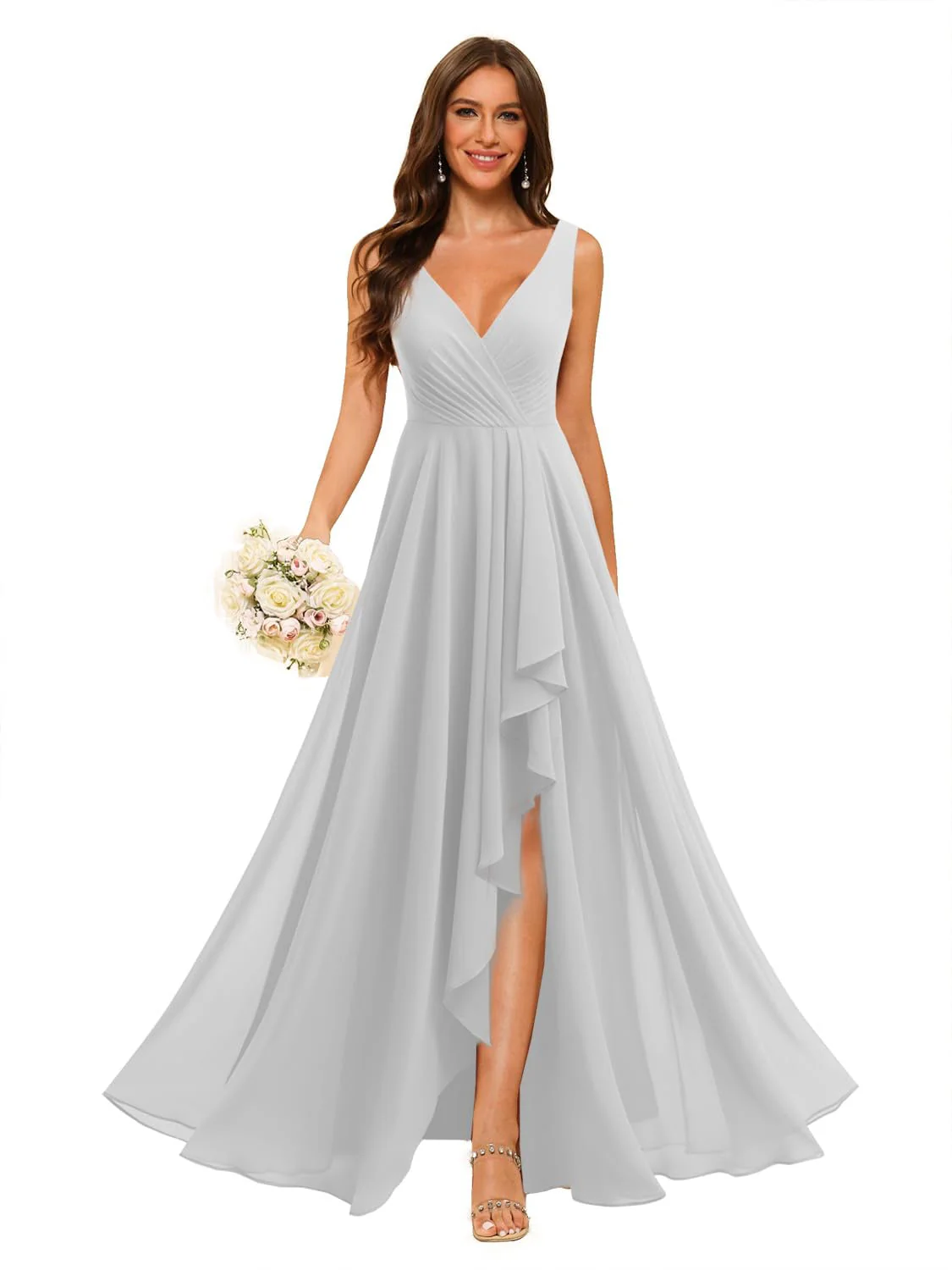 A-Line/Princess  V Neck Sleeveless Floor Length  Bridesmaid Dresses Chiffon with Slit Pockets - Image 42