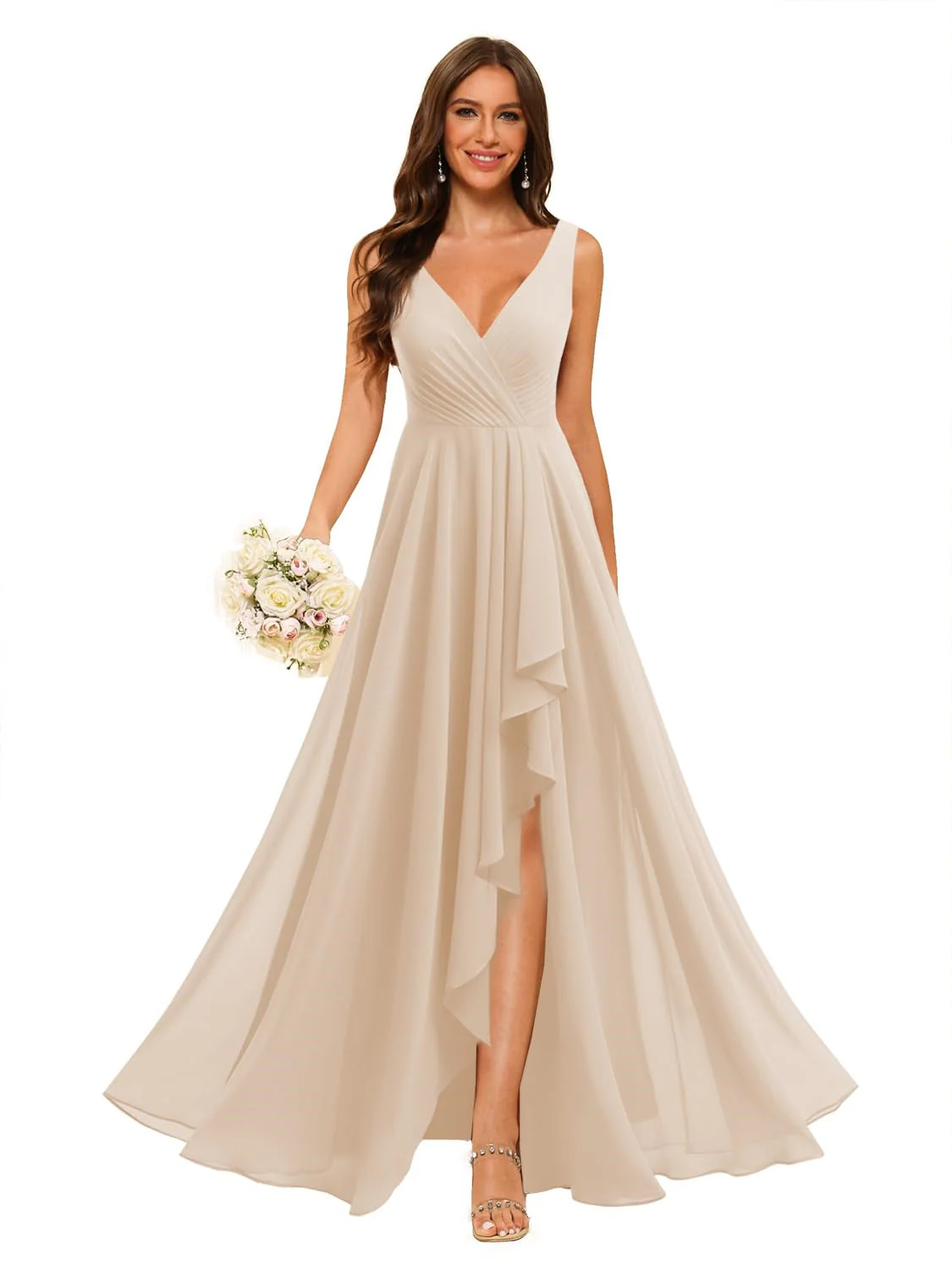 A-Line/Princess  V Neck Sleeveless Floor Length  Bridesmaid Dresses Chiffon with Slit Pockets - Image 8