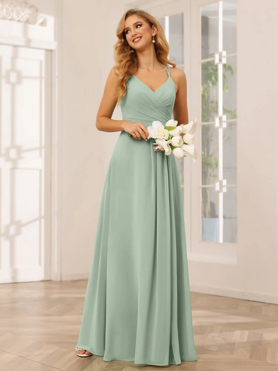 A-Line/Princess V-Neck Sleeveless Floor-Length Bridesmaid Dresses with Ruffles - Image 12
