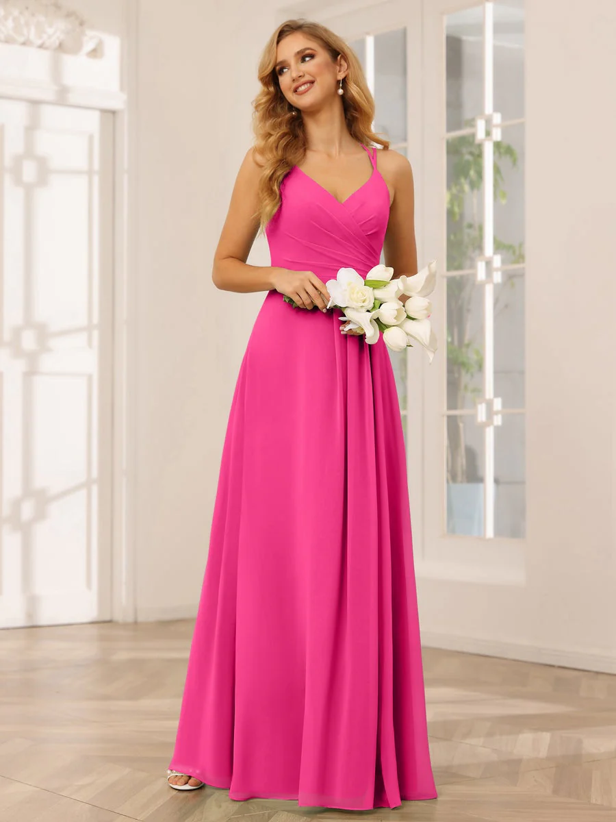 A-Line/Princess V-Neck Sleeveless Floor-Length Bridesmaid Dresses with Ruffles - Image 35