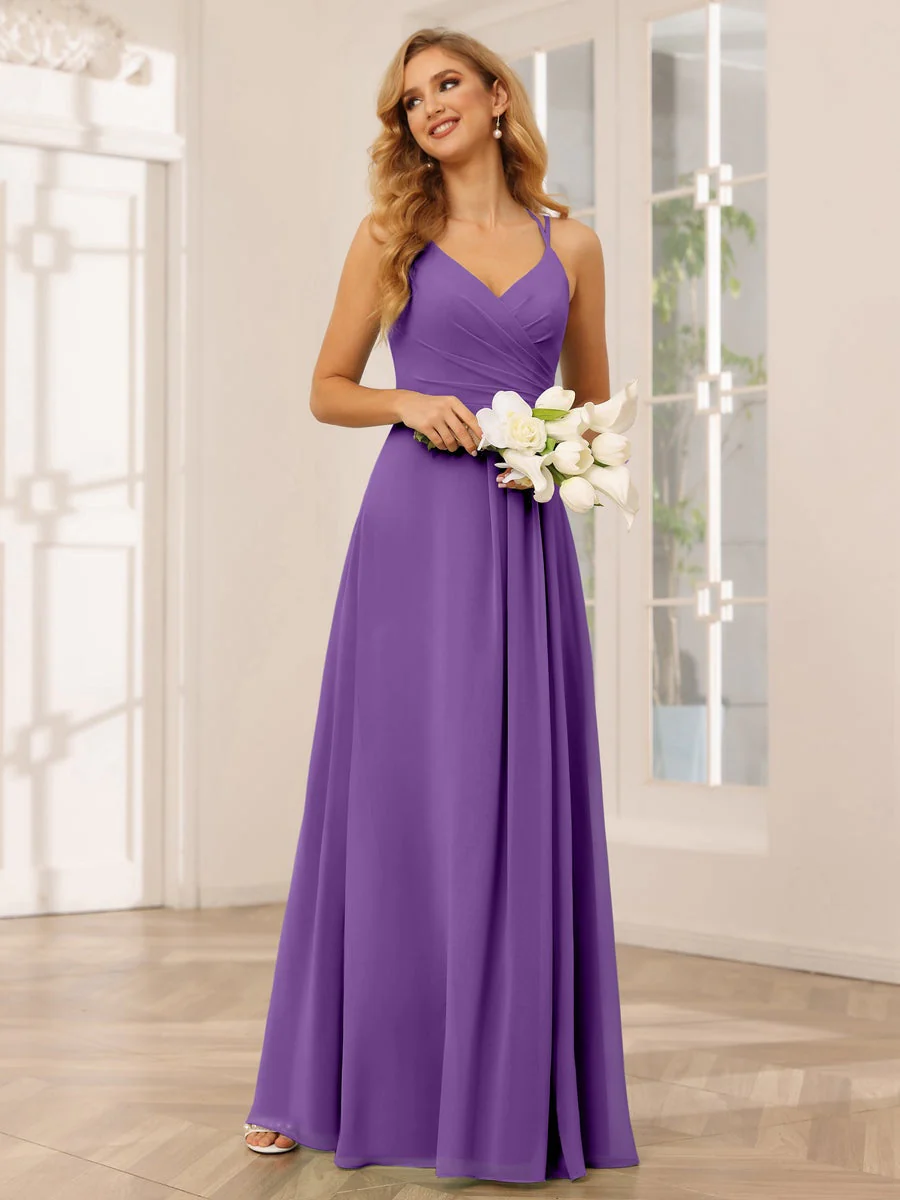 A-Line/Princess V-Neck Sleeveless Floor-Length Bridesmaid Dresses with Ruffles - Image 43