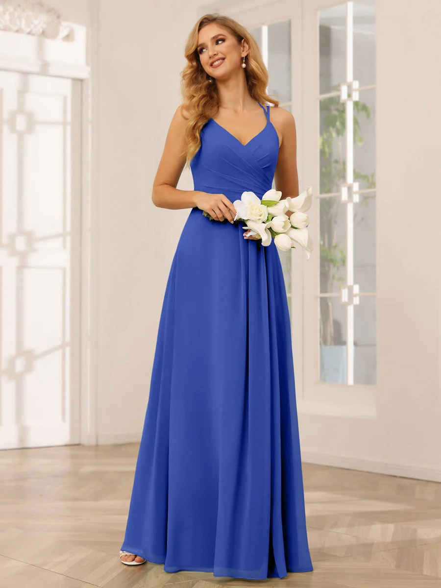 A-Line/Princess V-Neck Sleeveless Floor-Length Bridesmaid Dresses with Ruffles - Image 55