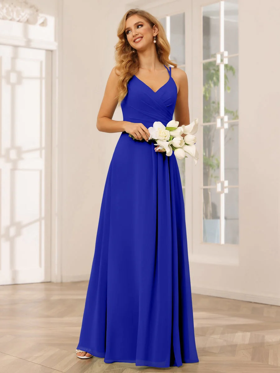 A-Line/Princess V-Neck Sleeveless Floor-Length Bridesmaid Dresses with Ruffles - Image 56