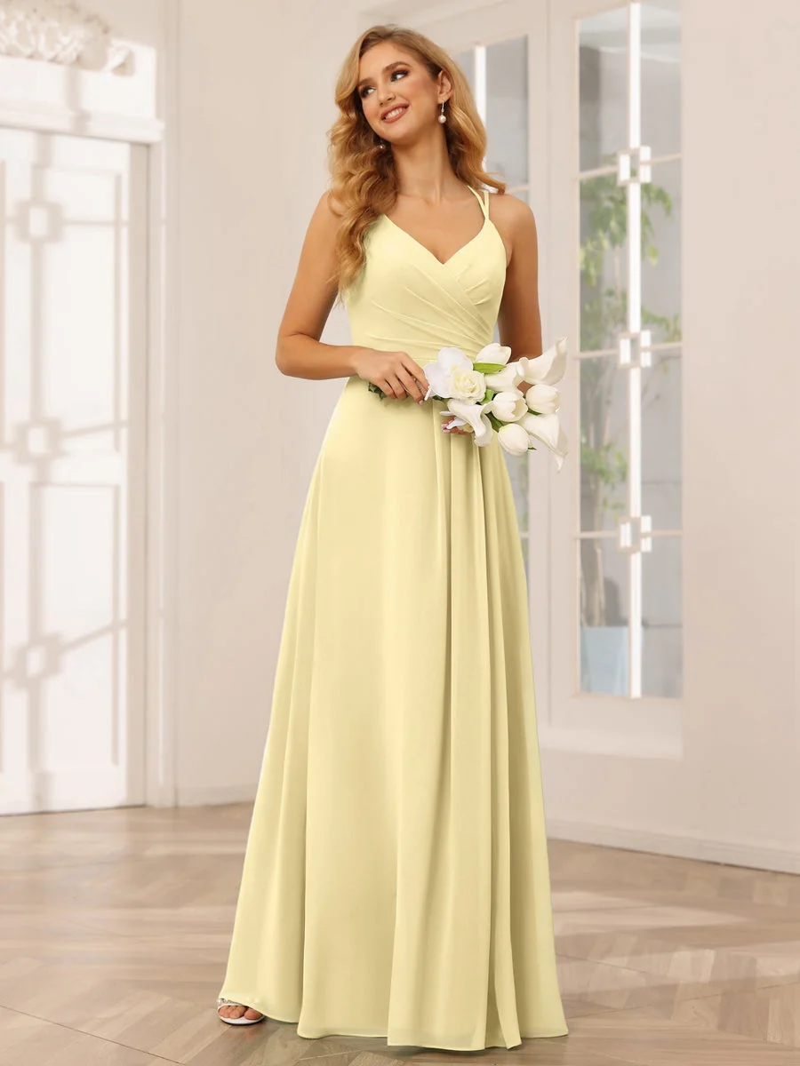 A-Line/Princess V-Neck Sleeveless Floor-Length Bridesmaid Dresses with Ruffles - Image 69