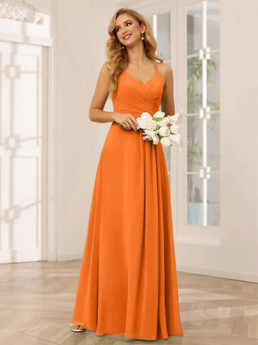 A-Line/Princess V-Neck Sleeveless Floor-Length Bridesmaid Dresses with Ruffles - Image 73