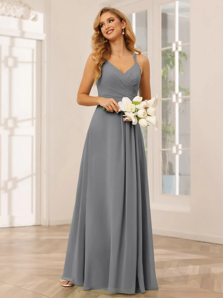 A-Line/Princess V-Neck Sleeveless Floor-Length Bridesmaid Dresses with Ruffles - Image 76