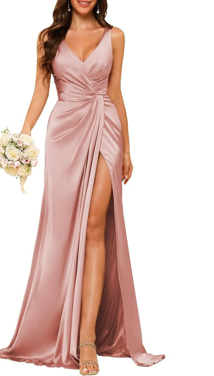 A-Line/Princess V Neck Sleeveless Floor-Length Bridesmaid Dresses with Split - Image 14