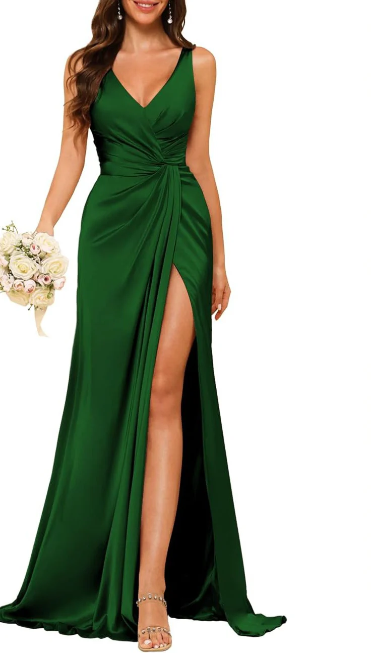 A-Line/Princess V Neck Sleeveless Floor-Length Bridesmaid Dresses with Split - Image 5