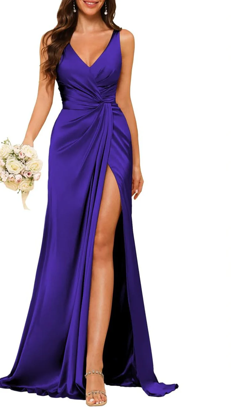 A-Line/Princess V Neck Sleeveless Floor-Length Bridesmaid Dresses with Split - Image 6