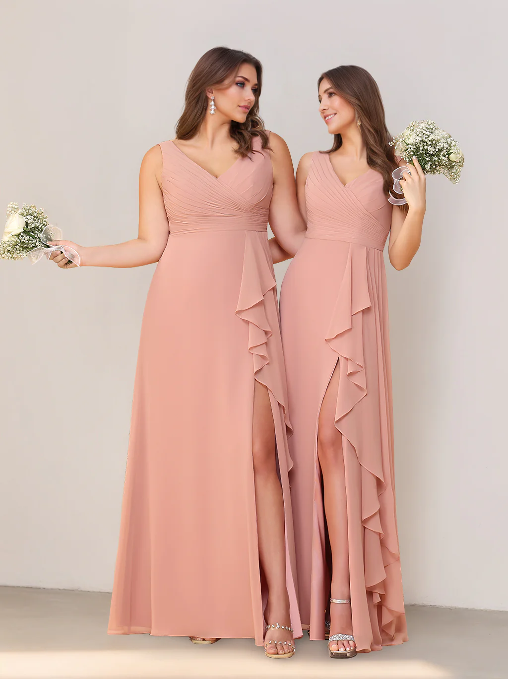 A-Line/Princess V-Neck Sleeveless Floor-Length Chiffon Bridesmaid Dresses with Ruffles & Split Side