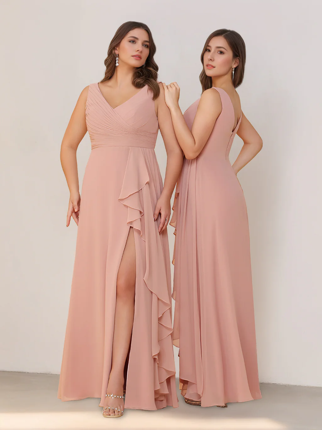 A-Line/Princess V-Neck Sleeveless Floor-Length Chiffon Plus Size Bridesmaid Dresses with Ruffles & Split Side - Image 2