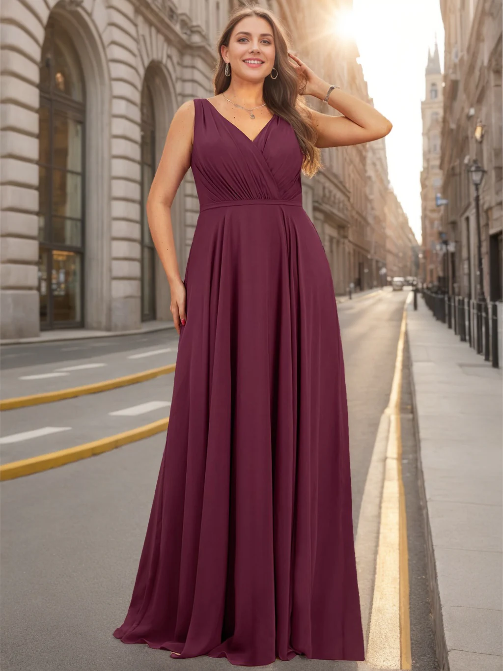 A-Line/Princess V-Neck Sleeveless Floor-Length Chiffon Unique Plus Size Bridesmaid Dresses with Ruffles