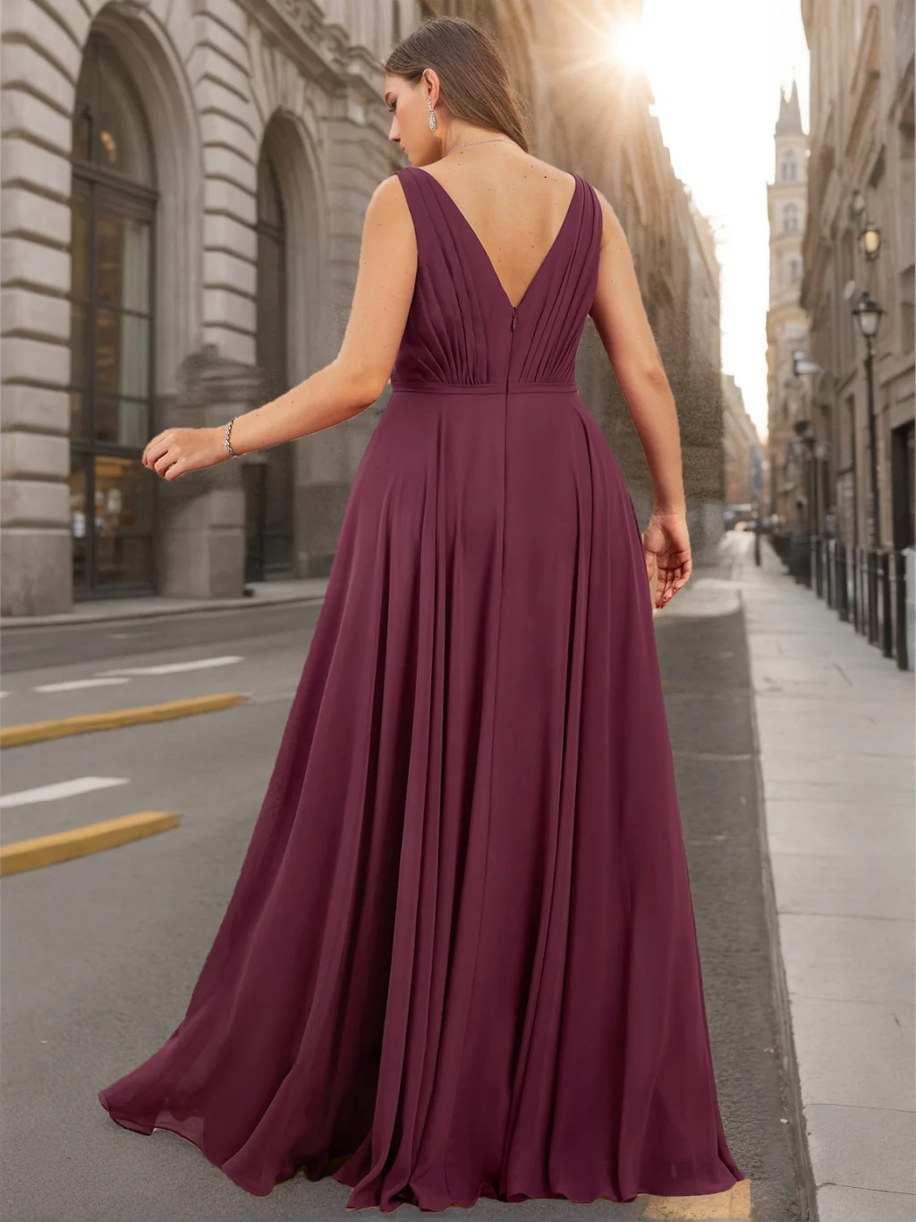 A-Line/Princess V-Neck Sleeveless Floor-Length Chiffon Unique Plus Size Bridesmaid Dresses with Ruffles - Image 2