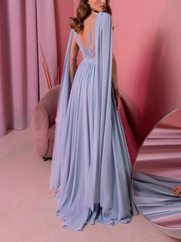 A-Line/Princess V-Neck Sleeveless Floor-Length Evening Dress with Watteau Train - Image 2