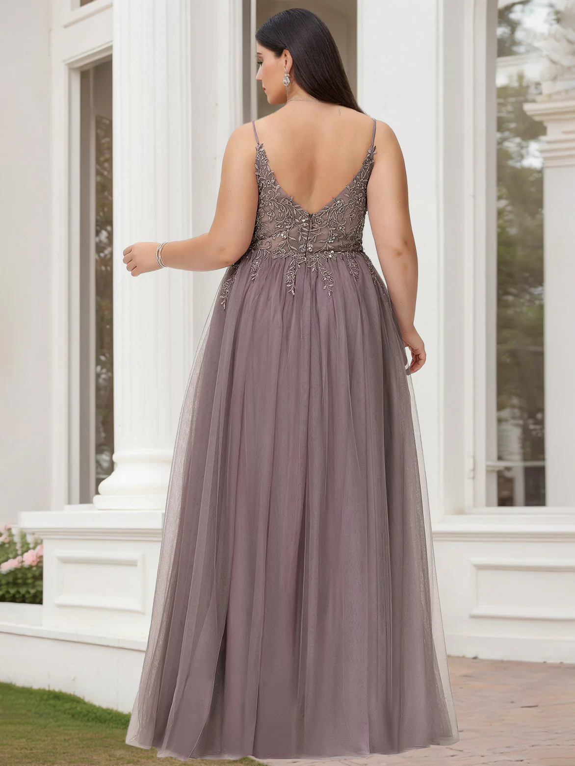 A-Line/Princess V-Neck Sleeveless Floor-Length Lace Tulle Plus Size Prom Dresses With Beads & Sequins - Image 2