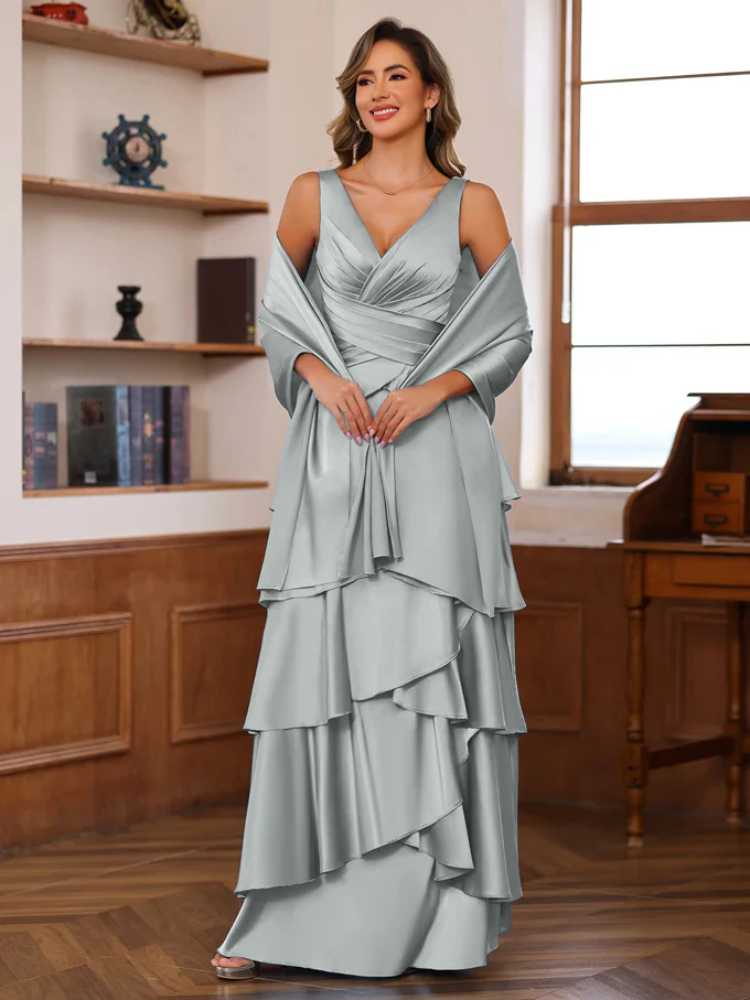 A-Line/Princess V-Neck Sleeveless Floor-Length Mother of the Bride Dresses With Ruffles & Wrap - Image 14