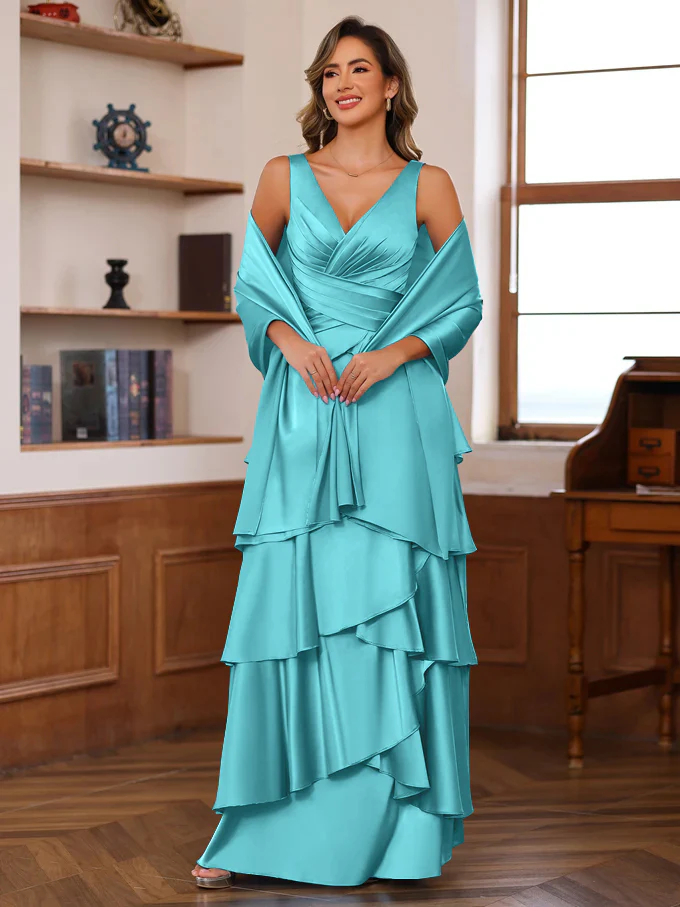 A-Line/Princess V-Neck Sleeveless Floor-Length Mother of the Bride Dresses With Ruffles & Wrap - Image 16