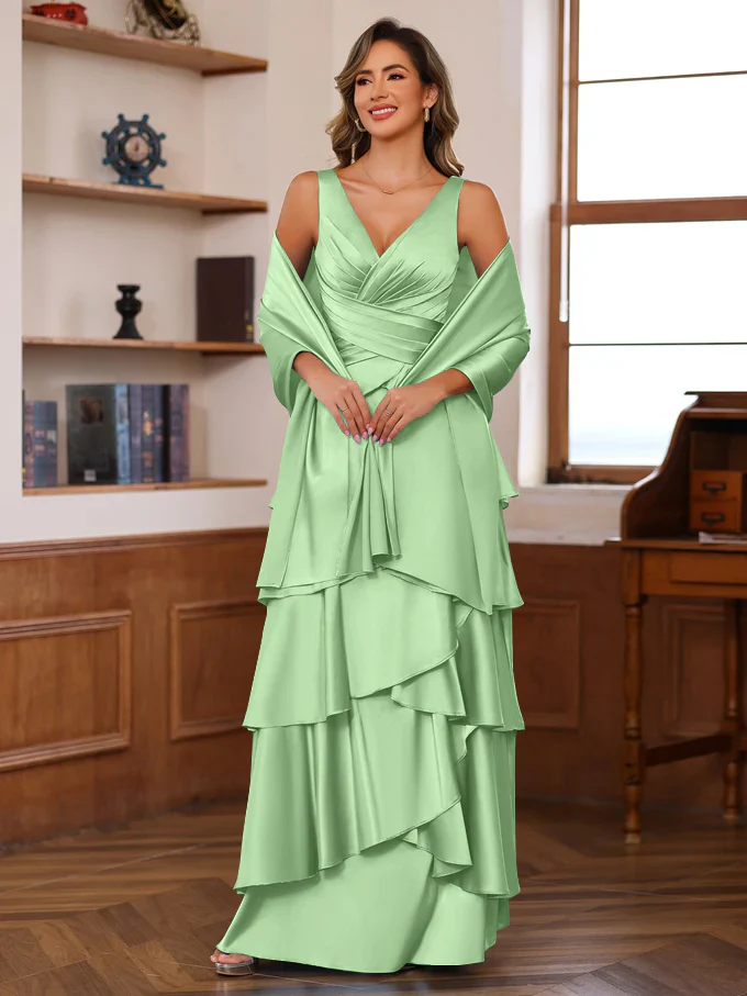 A-Line/Princess V-Neck Sleeveless Floor-Length Mother of the Bride Dresses With Ruffles & Wrap - Image 21