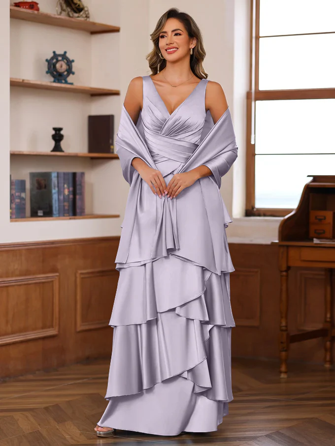 A-Line/Princess V-Neck Sleeveless Floor-Length Mother of the Bride Dresses With Ruffles & Wrap - Image 36