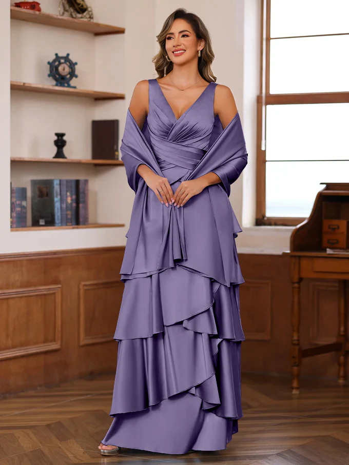 A-Line/Princess V-Neck Sleeveless Floor-Length Mother of the Bride Dresses With Ruffles & Wrap - Image 43