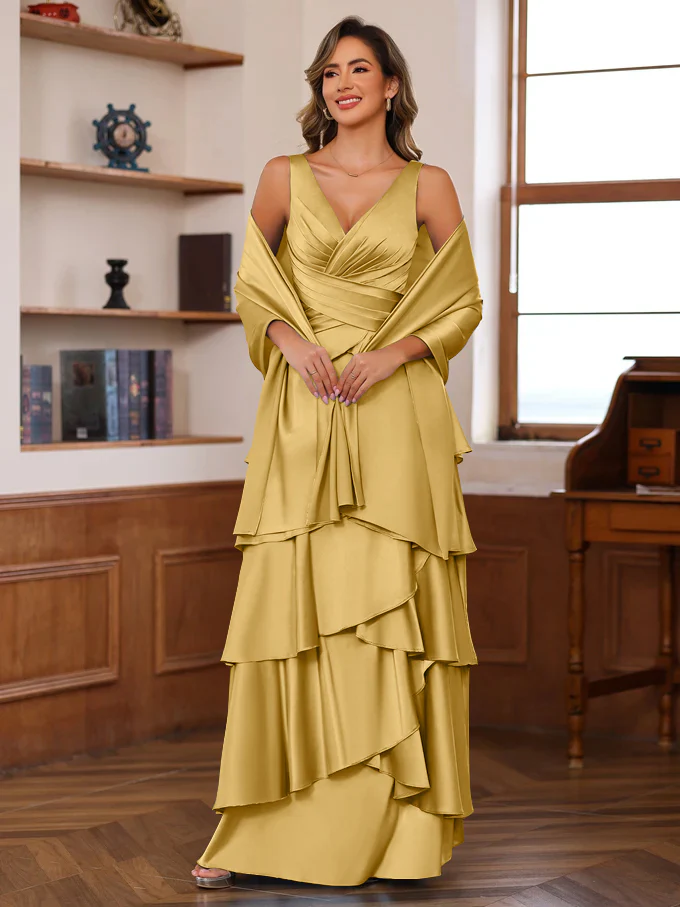 A-Line/Princess V-Neck Sleeveless Floor-Length Mother of the Bride Dresses With Ruffles & Wrap - Image 51